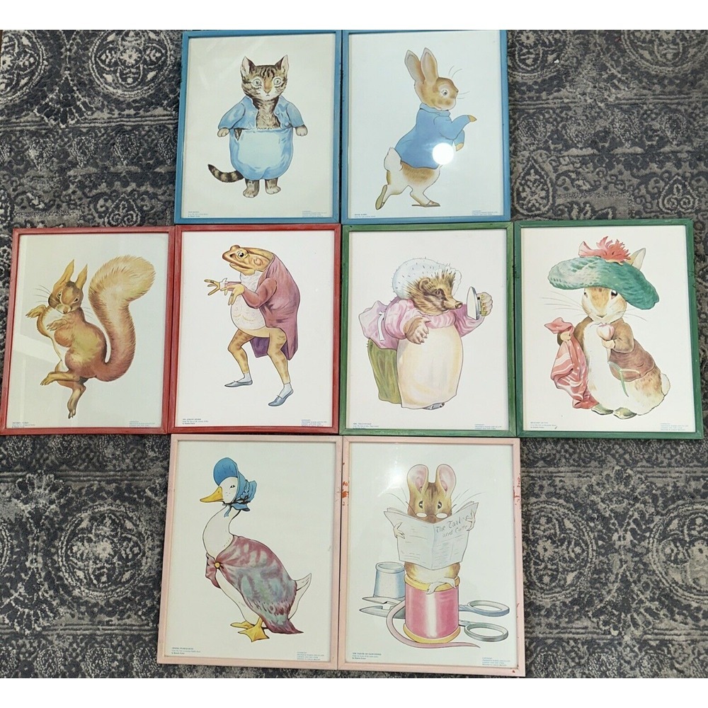 Beatrix Potter" MRS TIGGY WINKLE & PETER RABBIT‎ set of 8 framed prints 1960s